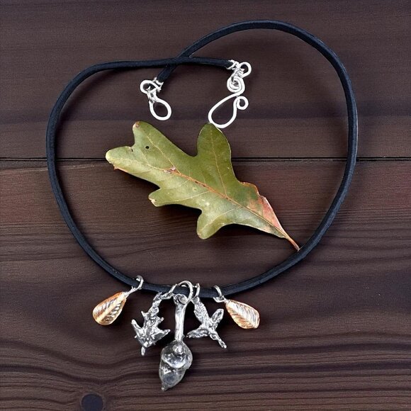 Artisan Woodland Acorn Silver & Gold Leaf Nature Pendant Necklace - Picture 1 of 11